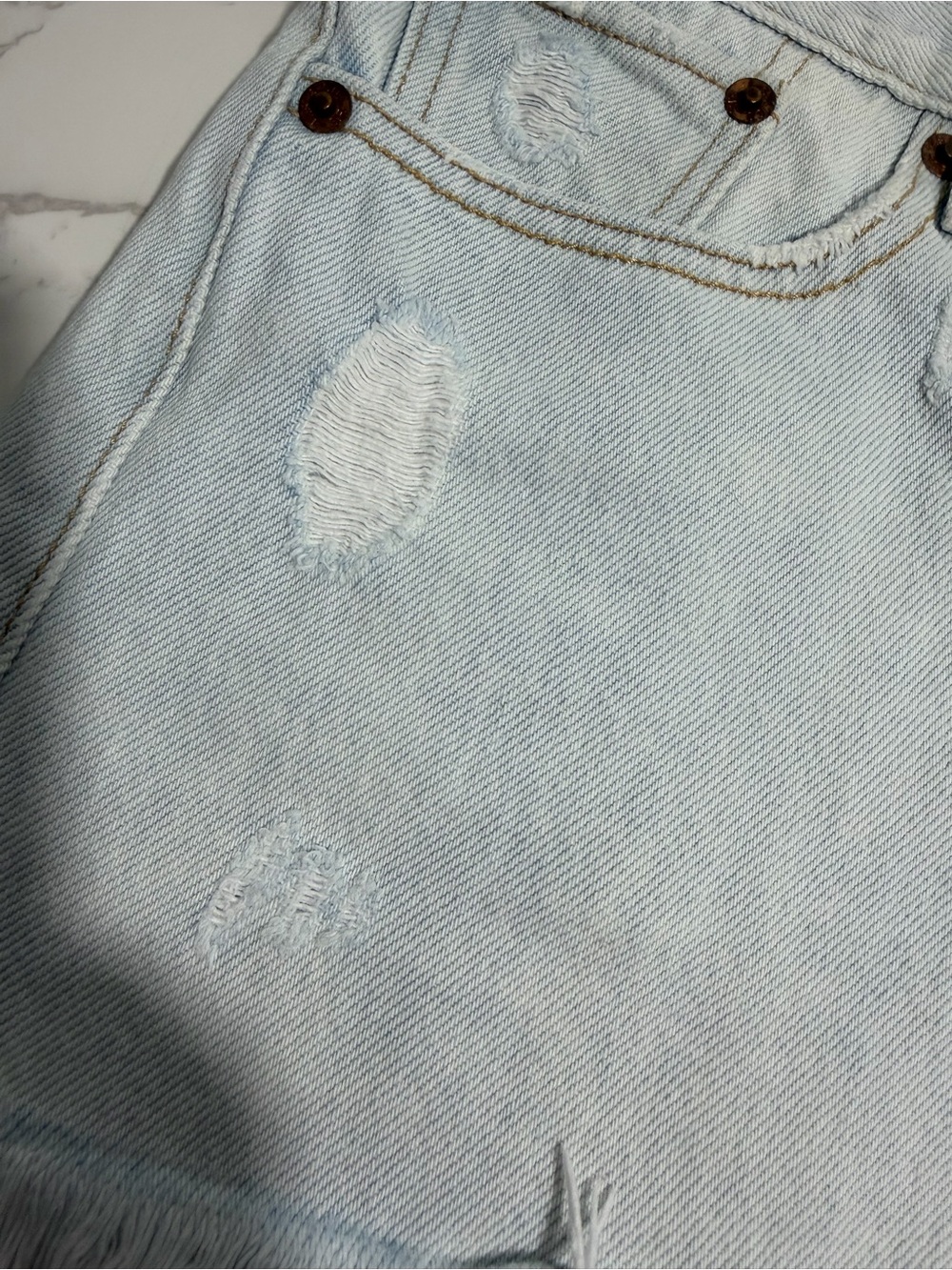 Vintage Y2K Levi's Light Blue Distressed Cut-Off Denim Shorts - 24 - Picture 5 of 11